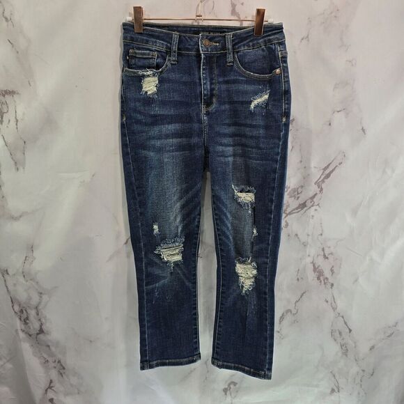Judy Blue Jean Women 25 1 Capri Crop Kick Flare Denim Distressed Hole High Rise - Picture 1 of 12